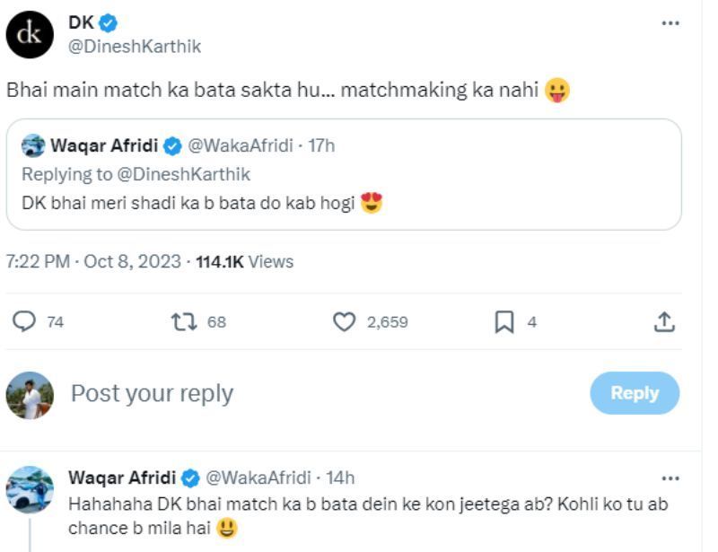 A screenshot of Dinesh Karthik&rsquo;s banter with an X user.