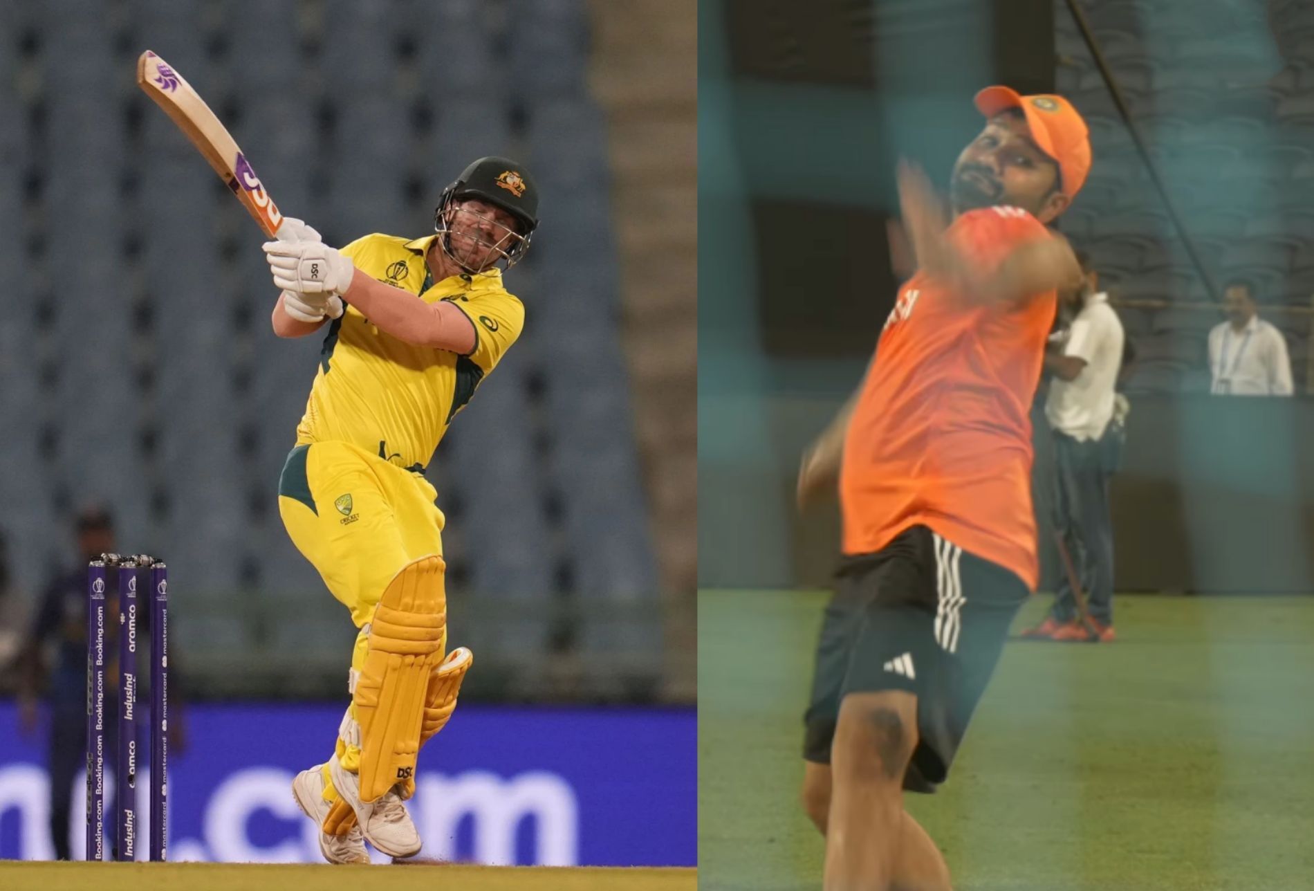 David Warner (left) and (right) Rohit Sharma bowling in the nets. (Pics: AP &amp; BCCI)