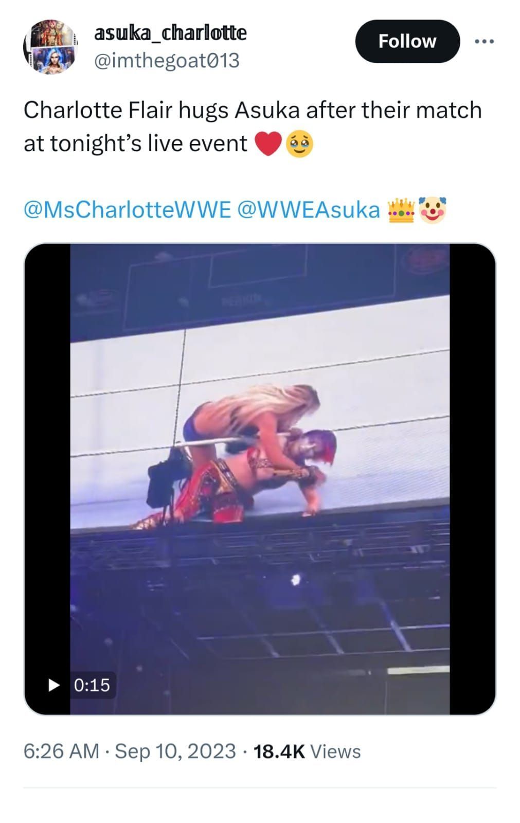 Screenshot of Charlotte and Asuka hugging after their match.