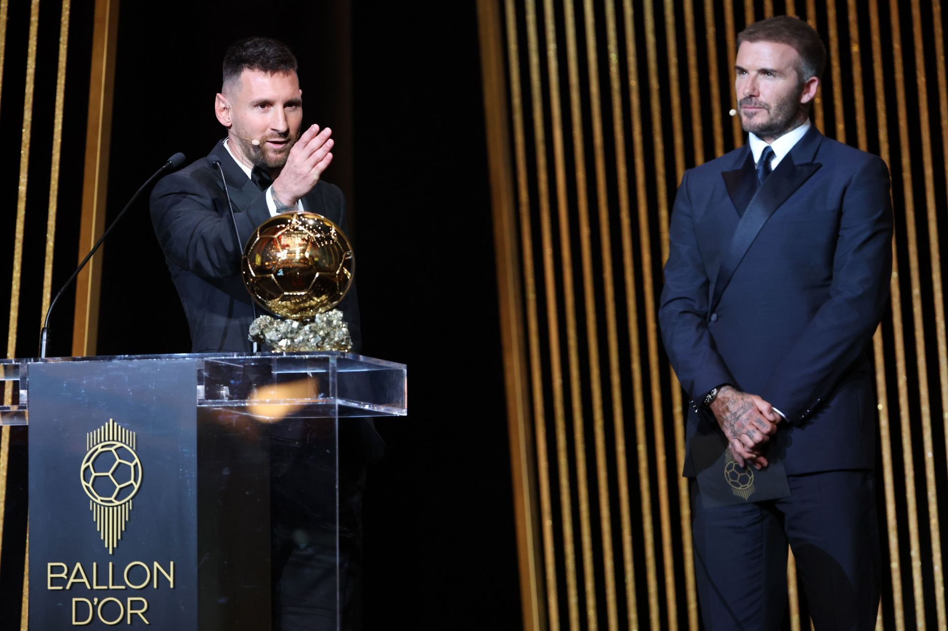 Lionel Messi and David Beckham at the 67th Ballon d&#039;Or Ceremony (via Getty Images)