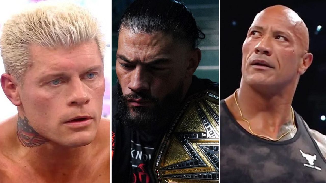 Cody Rhodes (left); Roman Reigns (middle); The Rock (right)