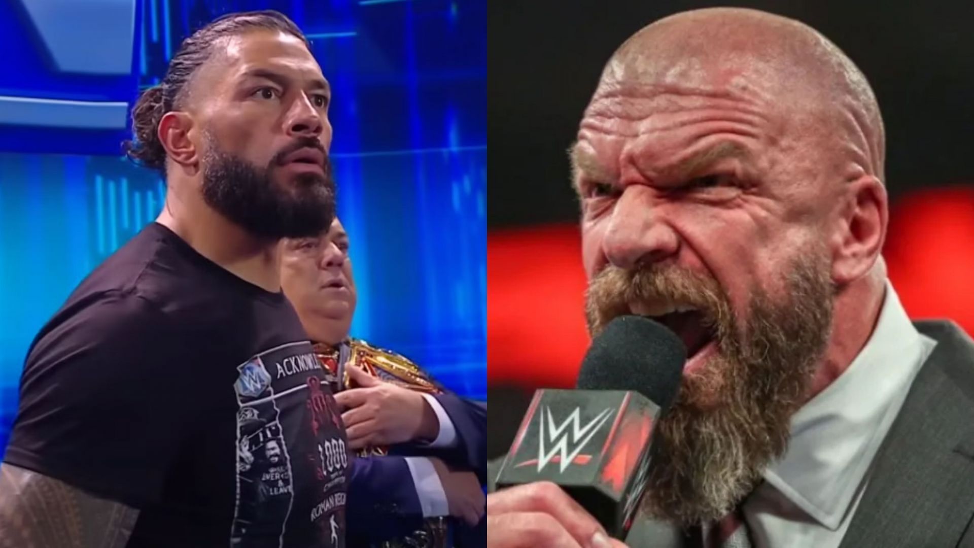 Undisputed WWE Universal Champion Roman Reigns (left) and WWE CCO Triple H (right)