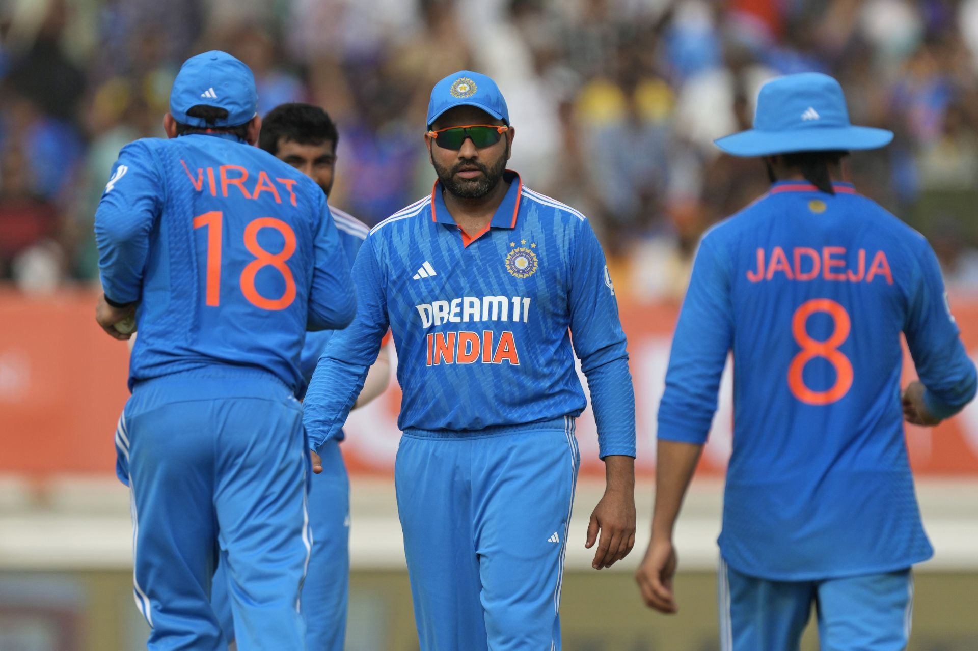 Rohit Sharma celebrating with Virat Kohli and Ravindra Jadeja during the ODIs vs Australia [Getty Images]