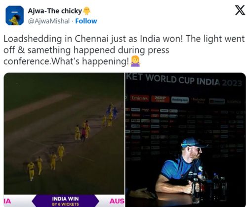 A fan's post on X about the lights going off after the match between India and Australia.