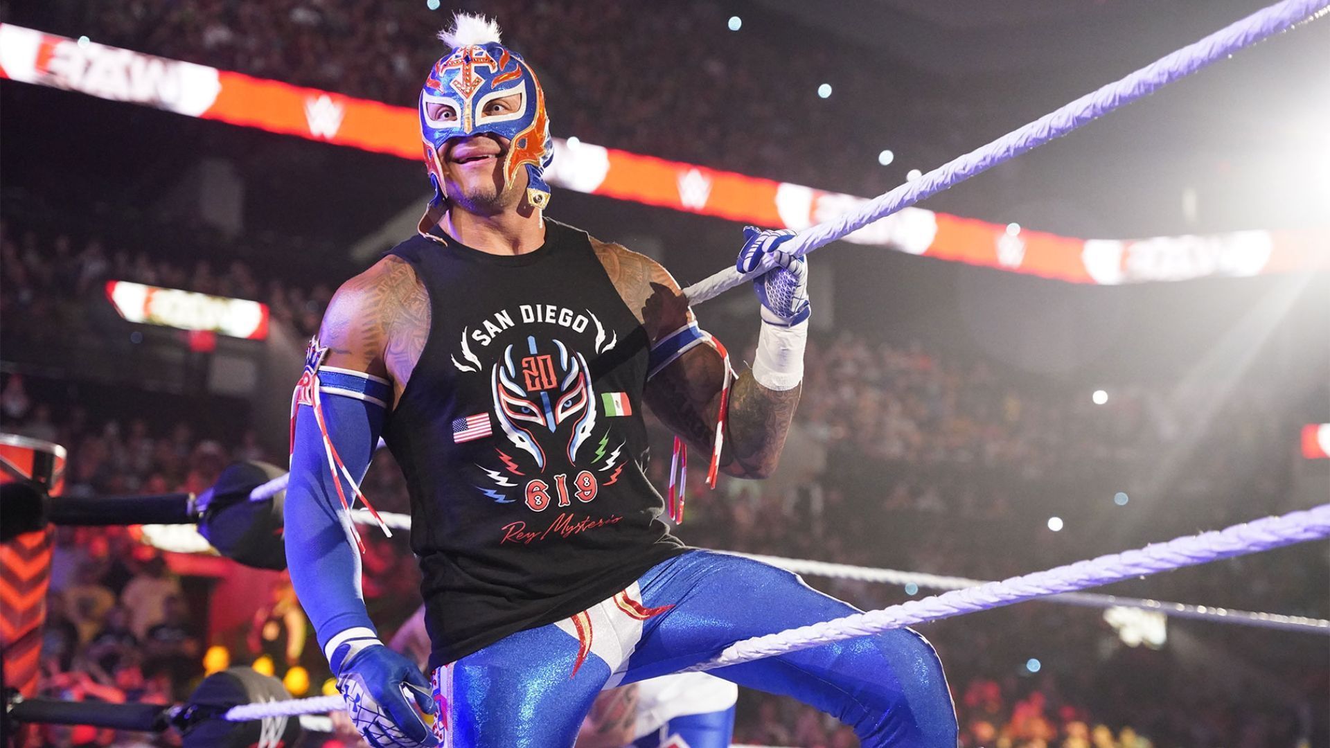 Rey Mysterio during his entrance. Image Credits: wwe.com 