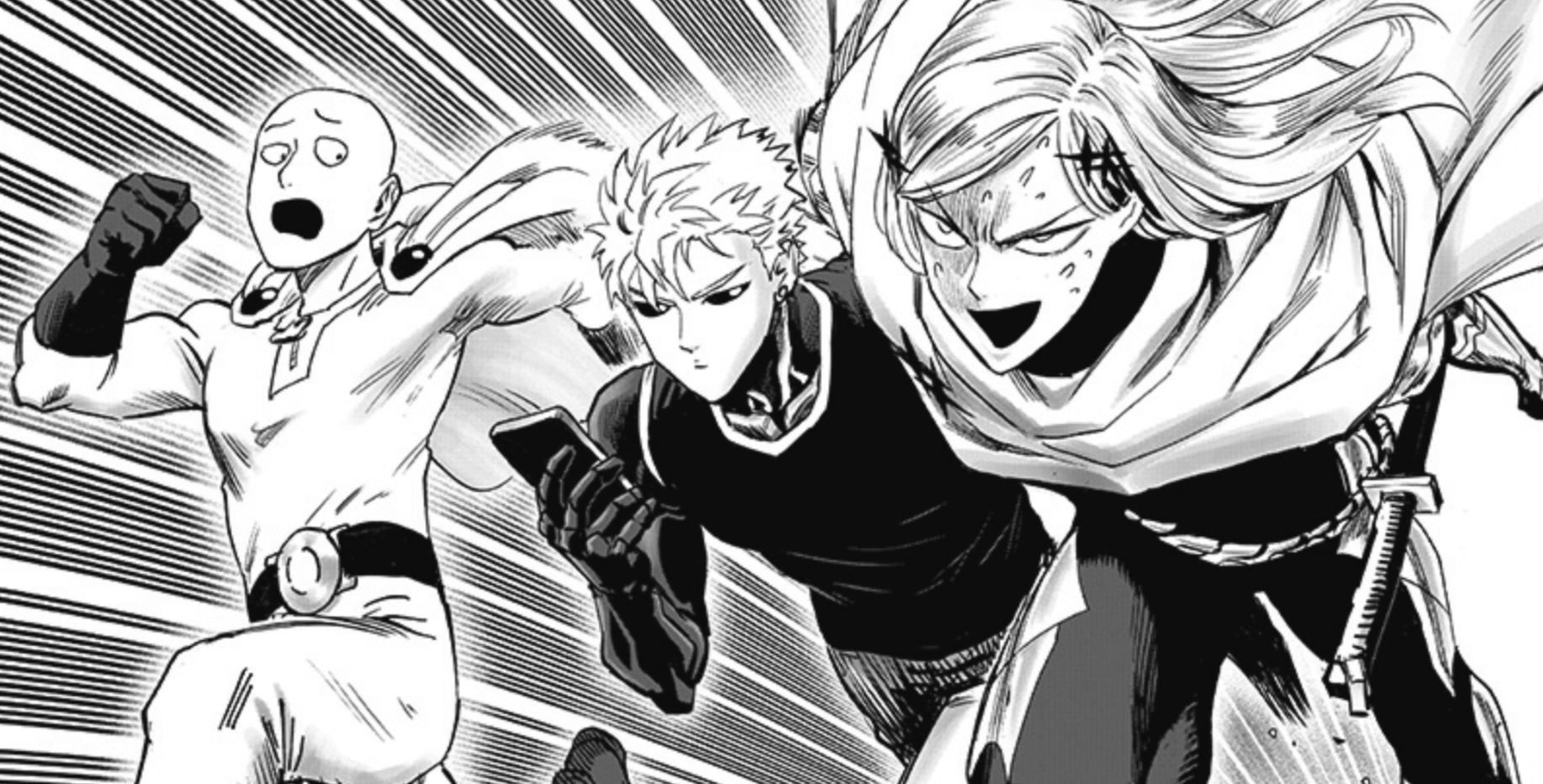 Saitama, Genos, and Flashy Flash as seen in One Punch Man Chapter 194 (Image via Shueisha)