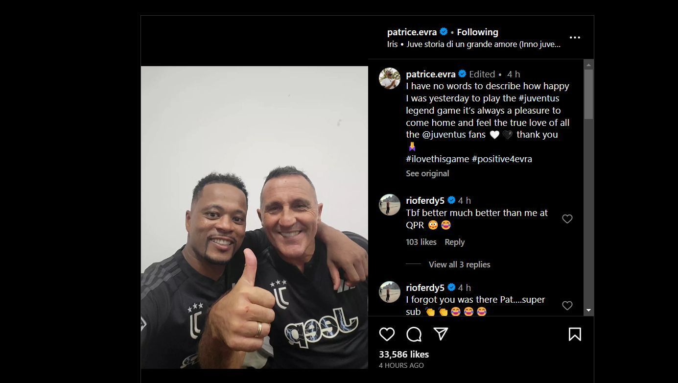 Screenshot of Ferdinand&#039;s comments on Evra&#039;s post