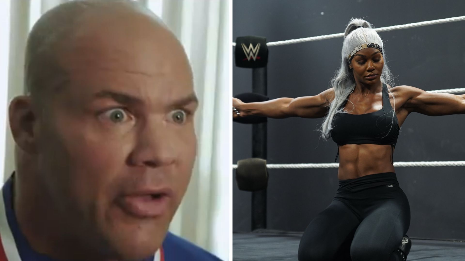 Kurt Angle on the left, Jade Cargill on the right