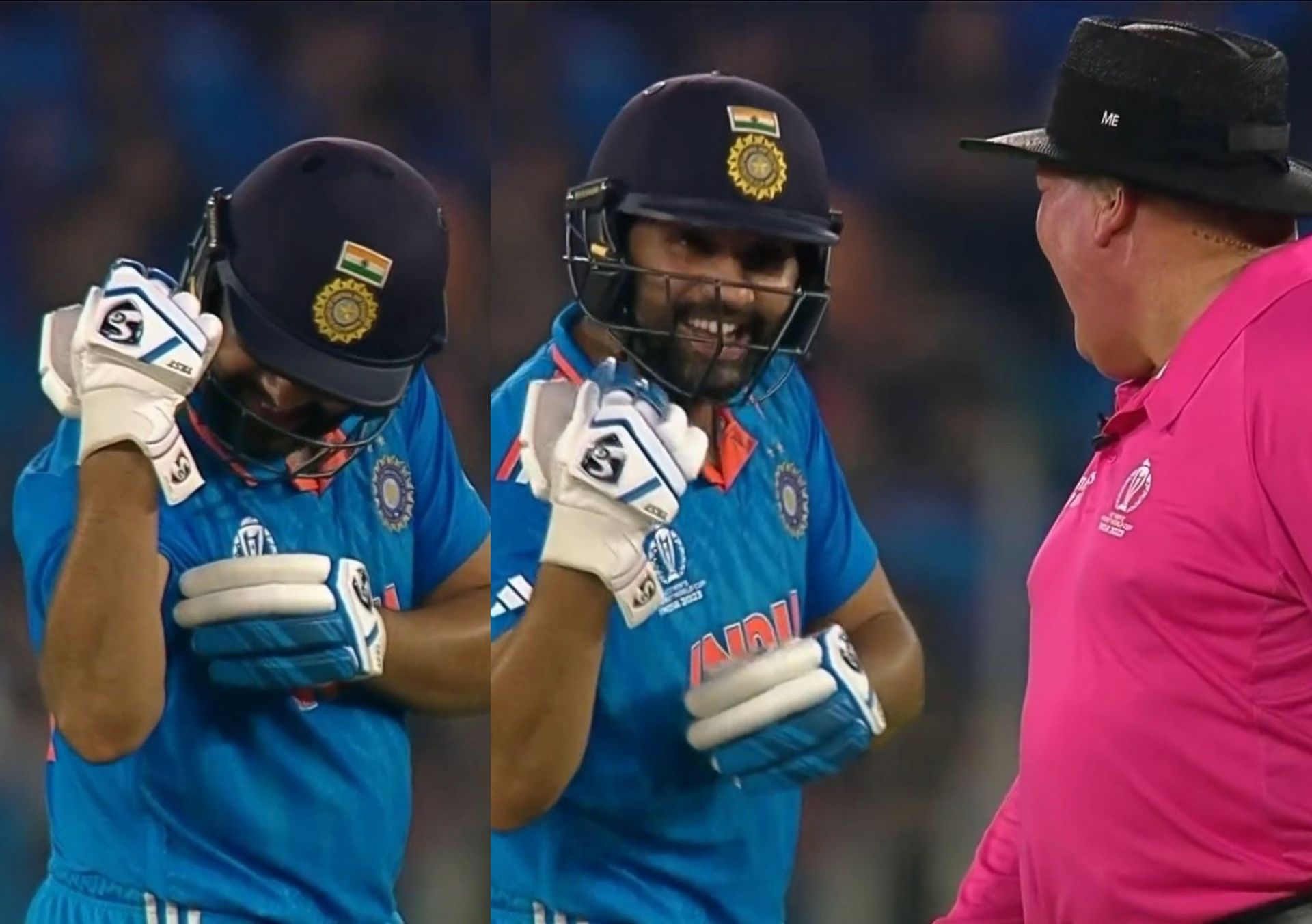 Rohit Sharma having a light moment with the umpire. 