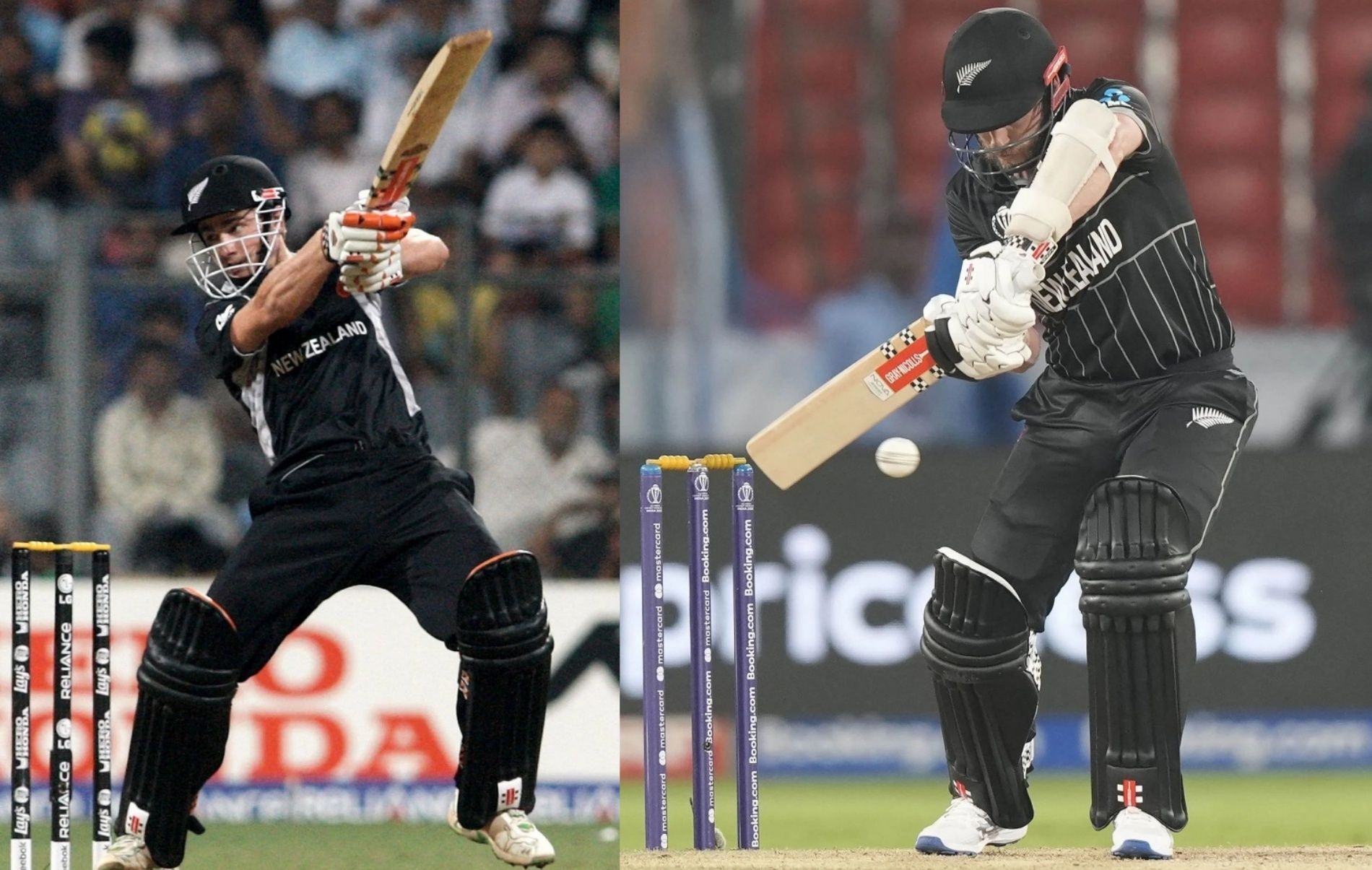 Kane Williamson (left) during the 2011 World Cup and (right) during the 2023 World Cup warm-up match against Pakistan (Pic: Getty Images & AP)