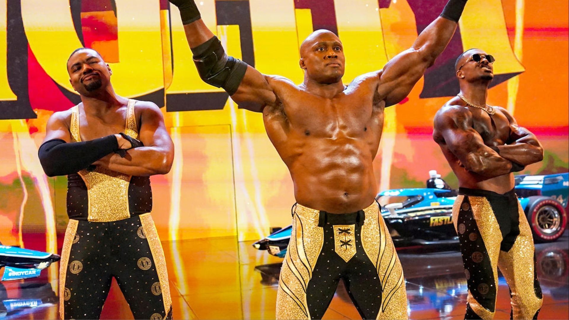 Bobby Lashley and The Street Profits make their entrance at WWE Fastlane 2023.