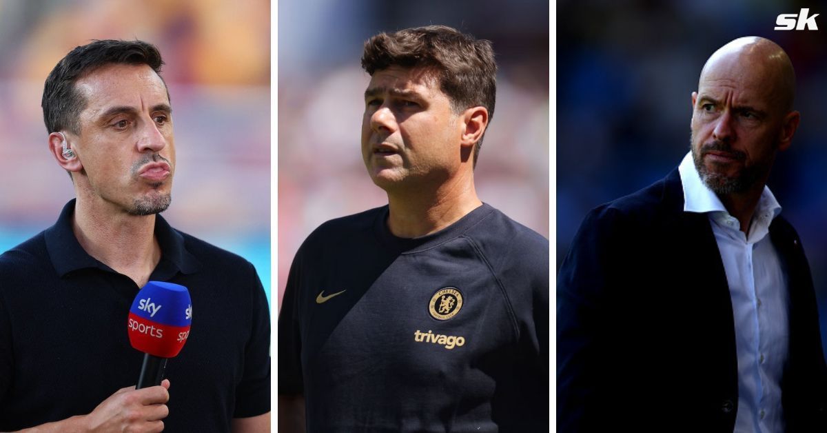 Gary Neville, Mauricio Pochettino and Erik ten Hag (from left to right)