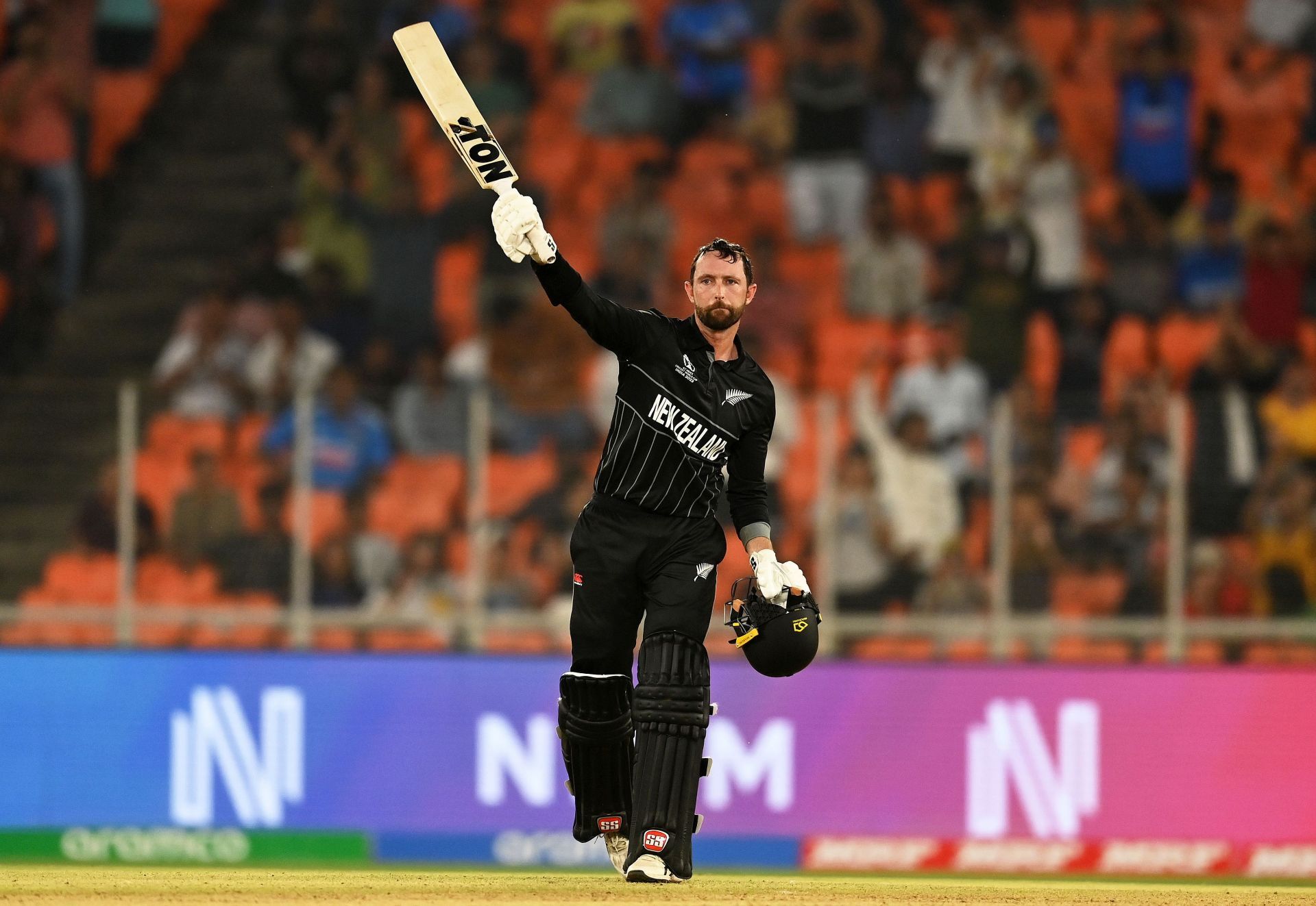 Devon Conway acknowledging his maiden ODI World Cup century [Getty Images]