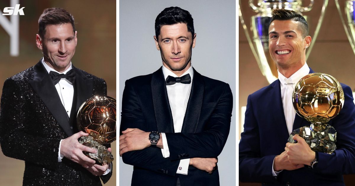 Lionel Messi (left), Robert Lewandowski (center) and Cristiano Ronaldo (right)