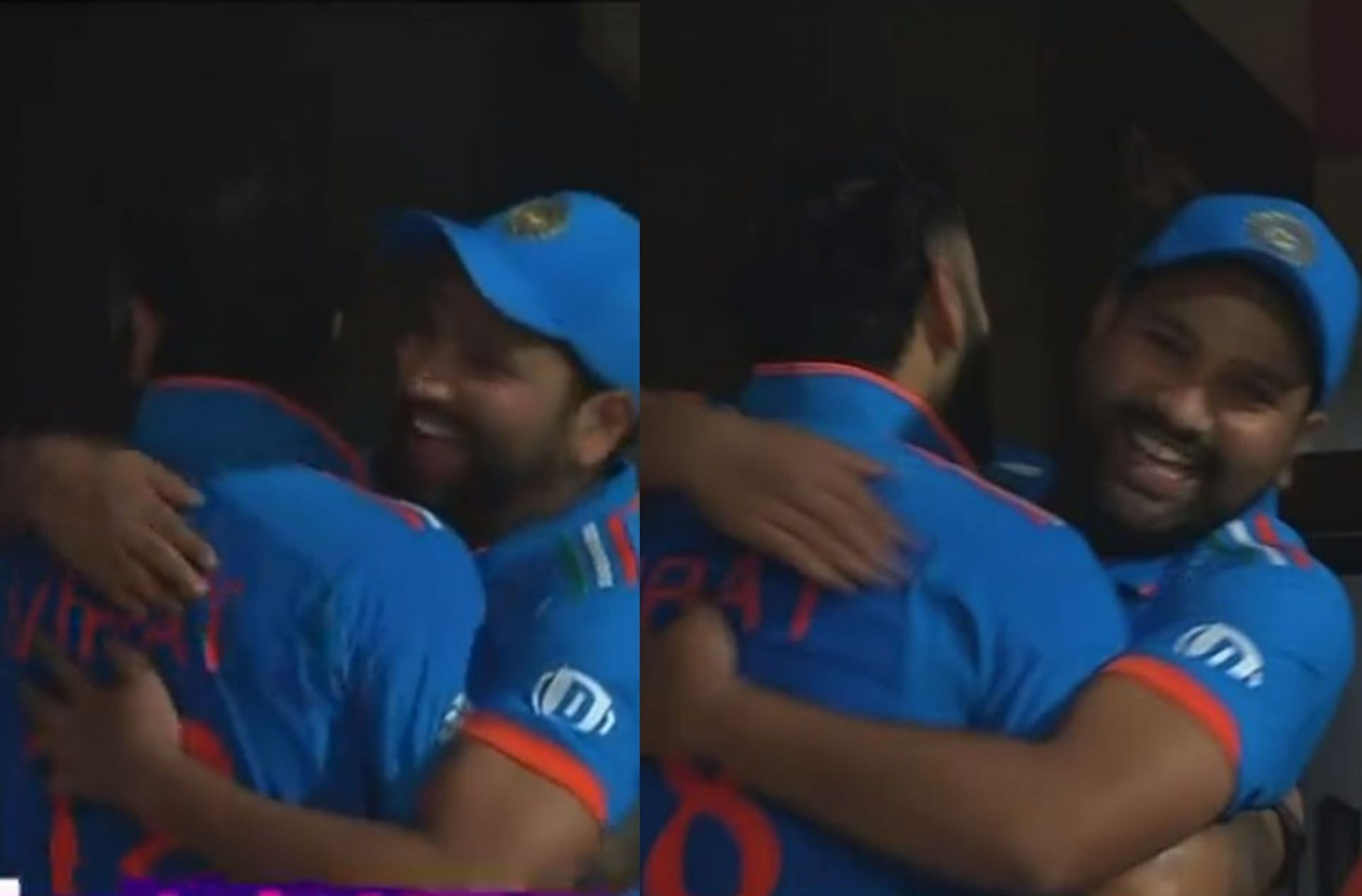 Virat Kohli and Rohit Sharma embrace each other after the win on Sunday. 