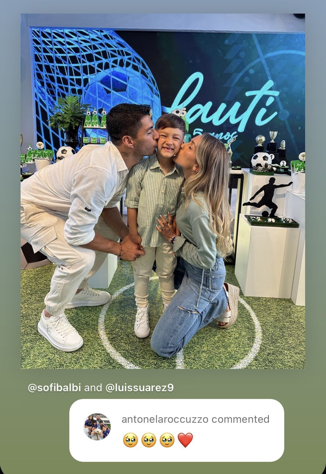 Antonela Roccuzzo&#039;s comment on Luis Suarez and Sofi Balbi&#039;s Instagram post.