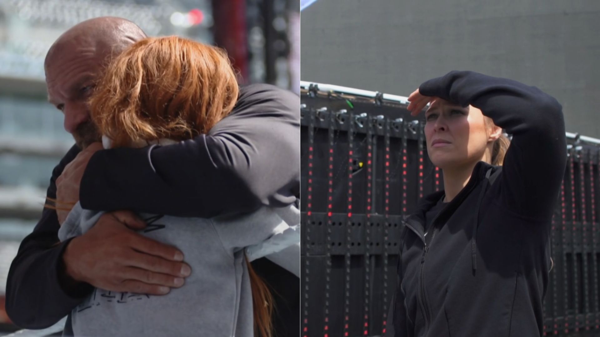 Becky Lynch and Triple H (left); Ronda Rousey (right)