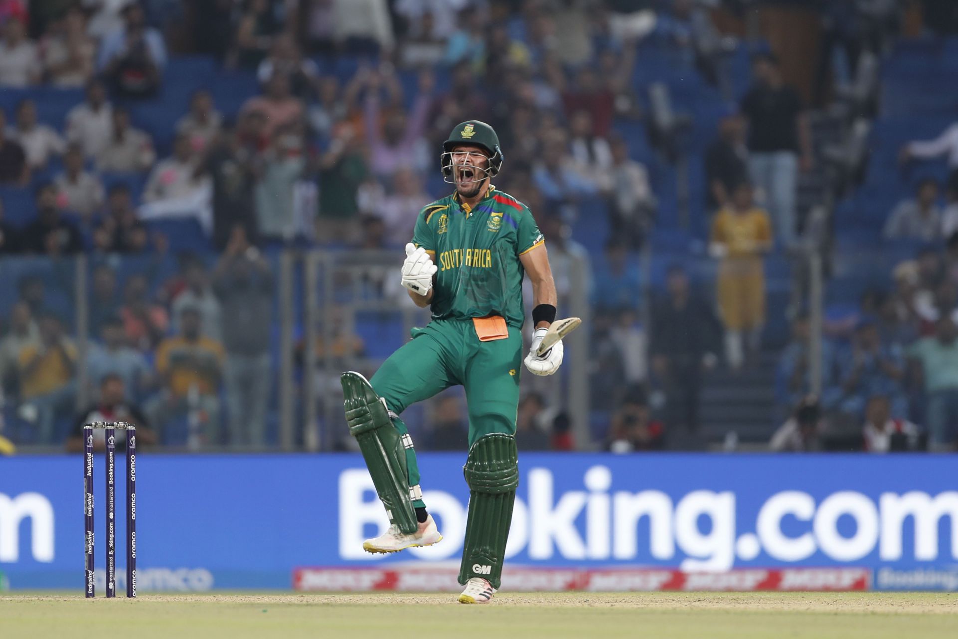 South Africa's Aiden Markram pumped up after his ton v Sri Lanka at the ICC Men's Cricket World Cup 2023 [Getty]