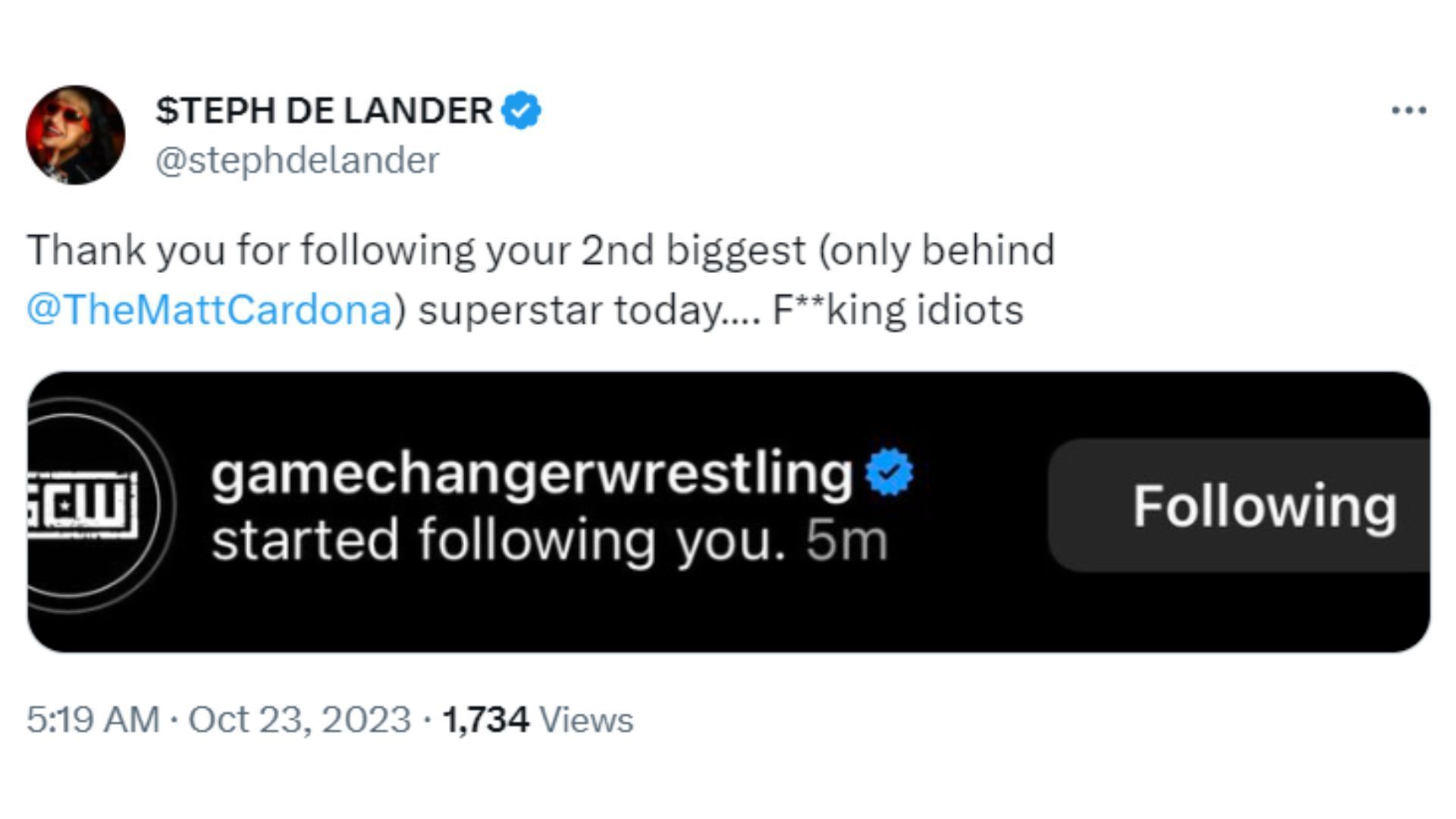 Steph De Lander&#039;s reaction after GCW started following her on Twitter.