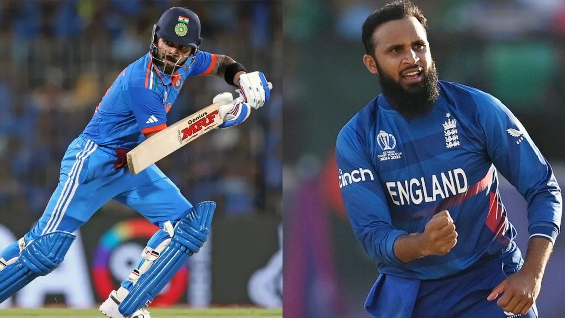 Virat Kohli (L) &amp; Adil Rashid (P.C.:ICC &amp; X)