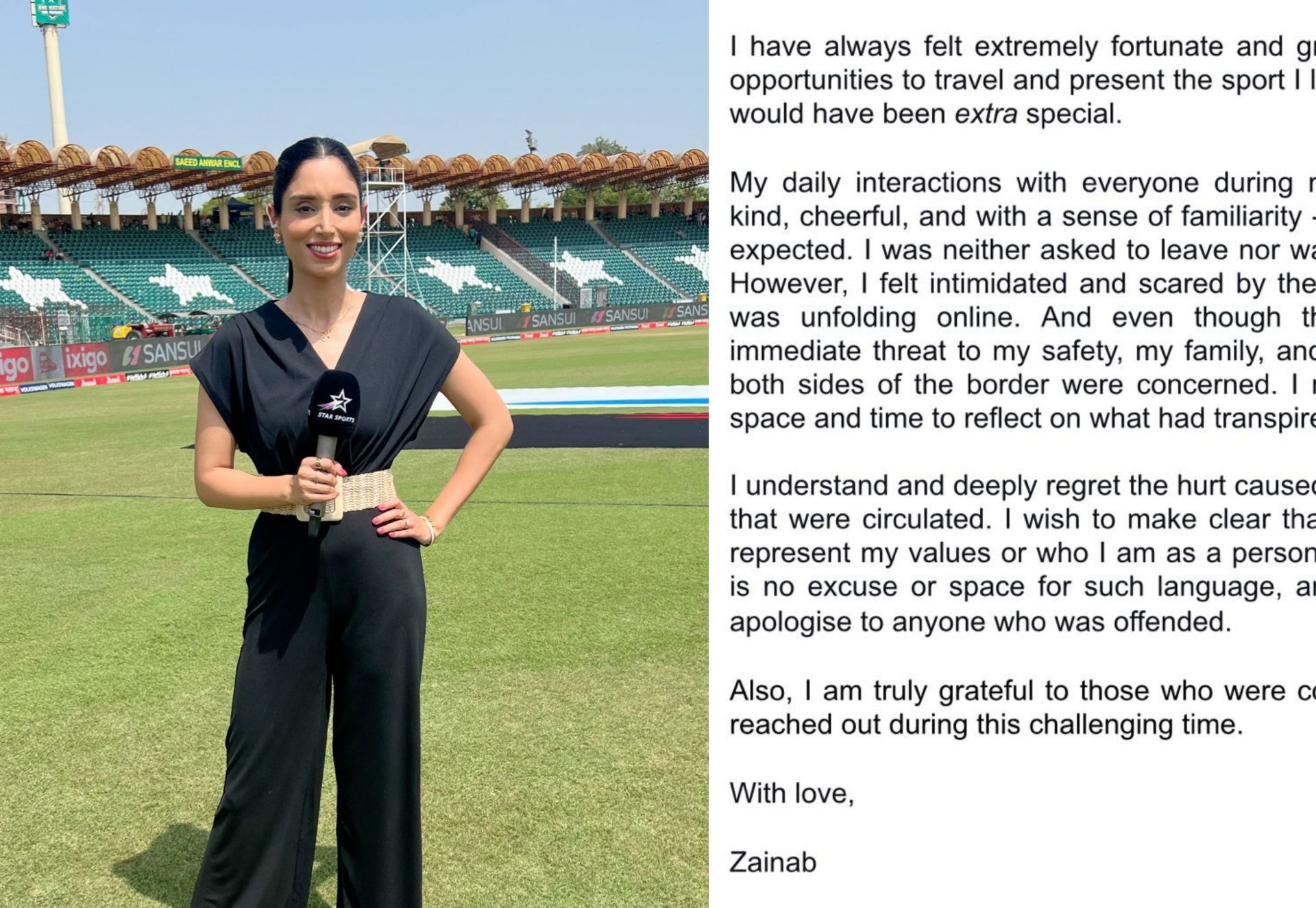 Pakistani sports presenter Zainab Abbas was part of the 2023 World Cup broadcast team. (Pic: @ZAbbasOfficial/ X)