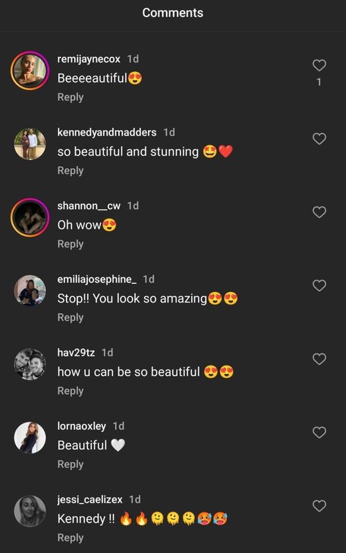 A screenshot of the comments on Kennedy Alexa's latest Instagram post.