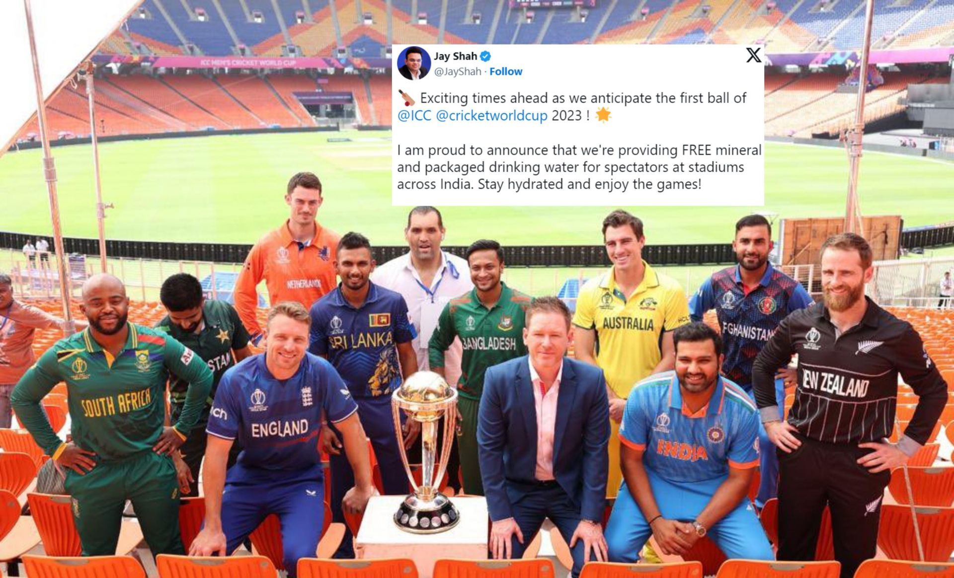 Captains of all ten teams posing with the World Cup trophy. 