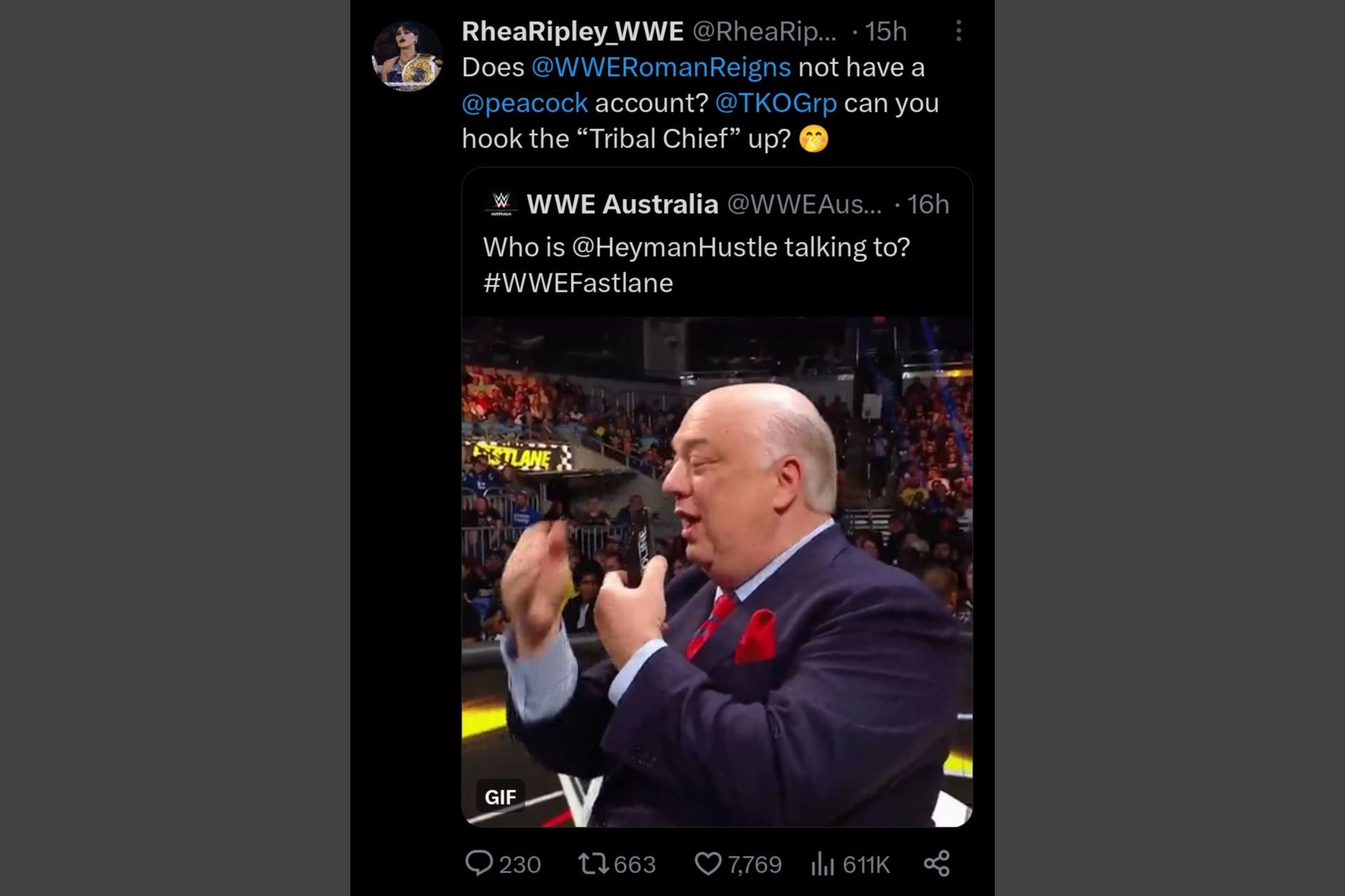 Rhea Ripley&#039;s reaction to Paul Heyman calling Roman Reigns at Fastlane