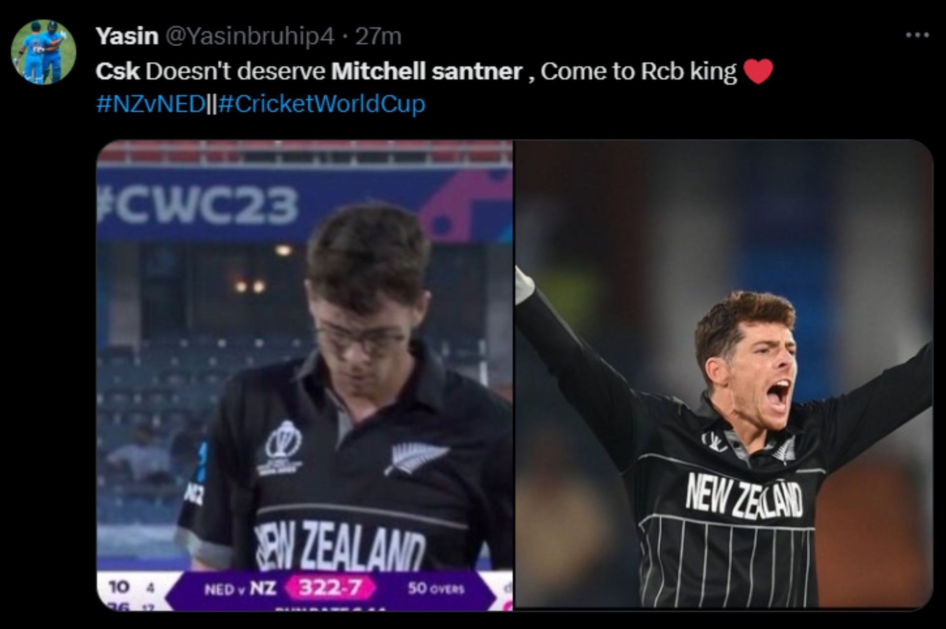 A fan reacts after Santner&#039;s match-winning performance against the Netherlands team.