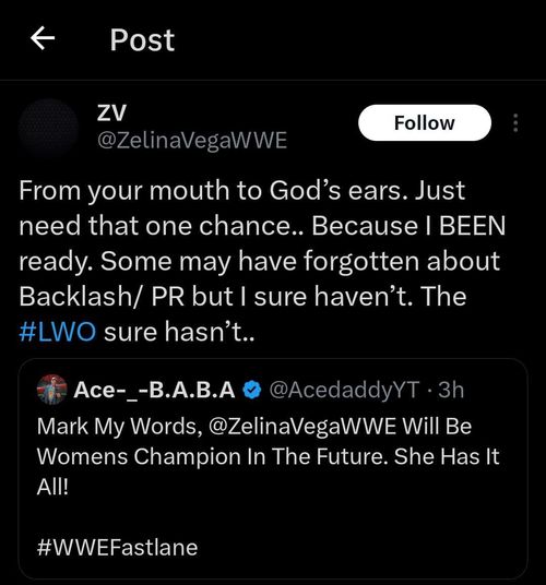 Screenshot of Zelina Vega's response to a fan.