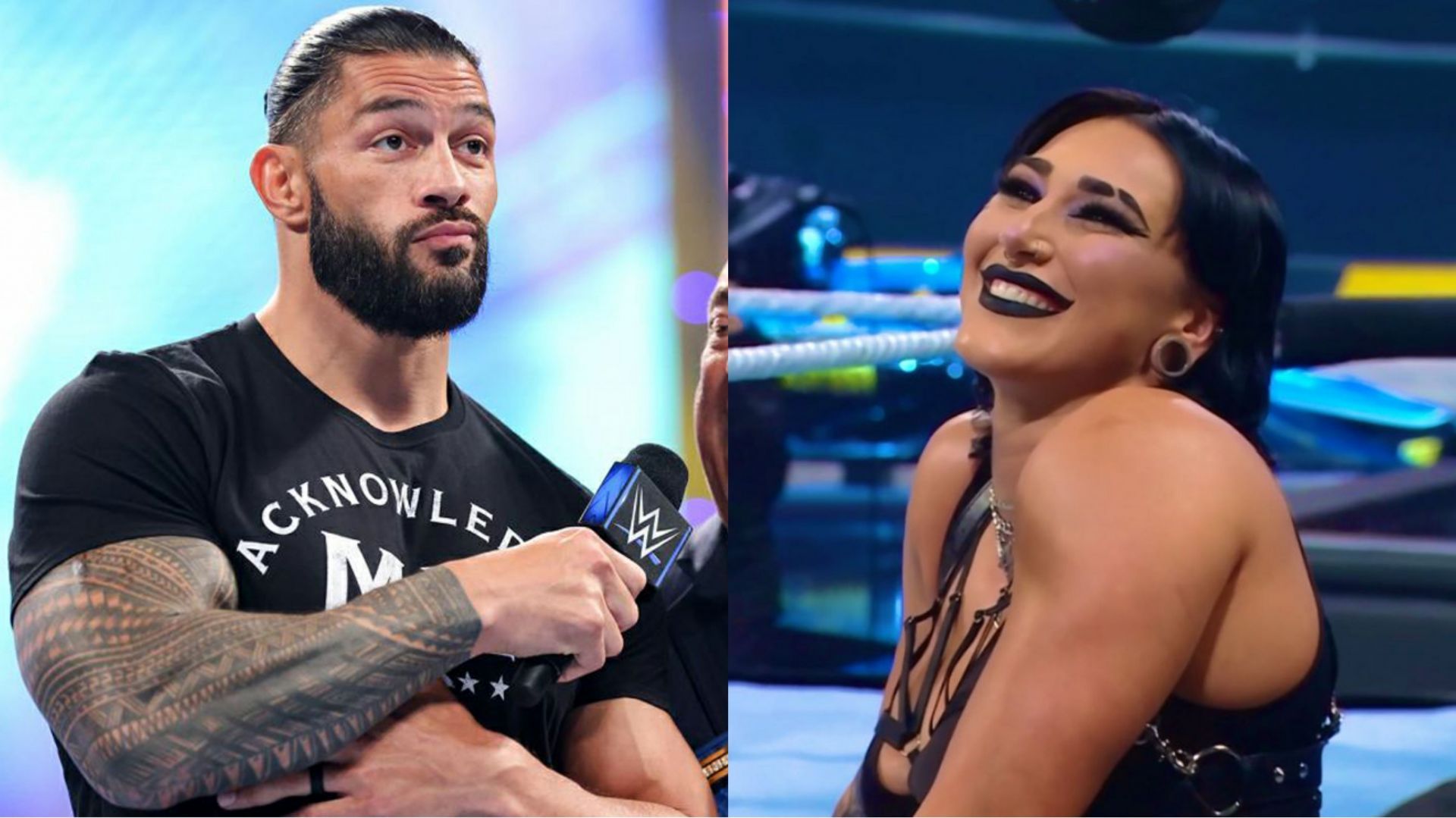 Roman Reigns (left); Rhea Ripley (right)