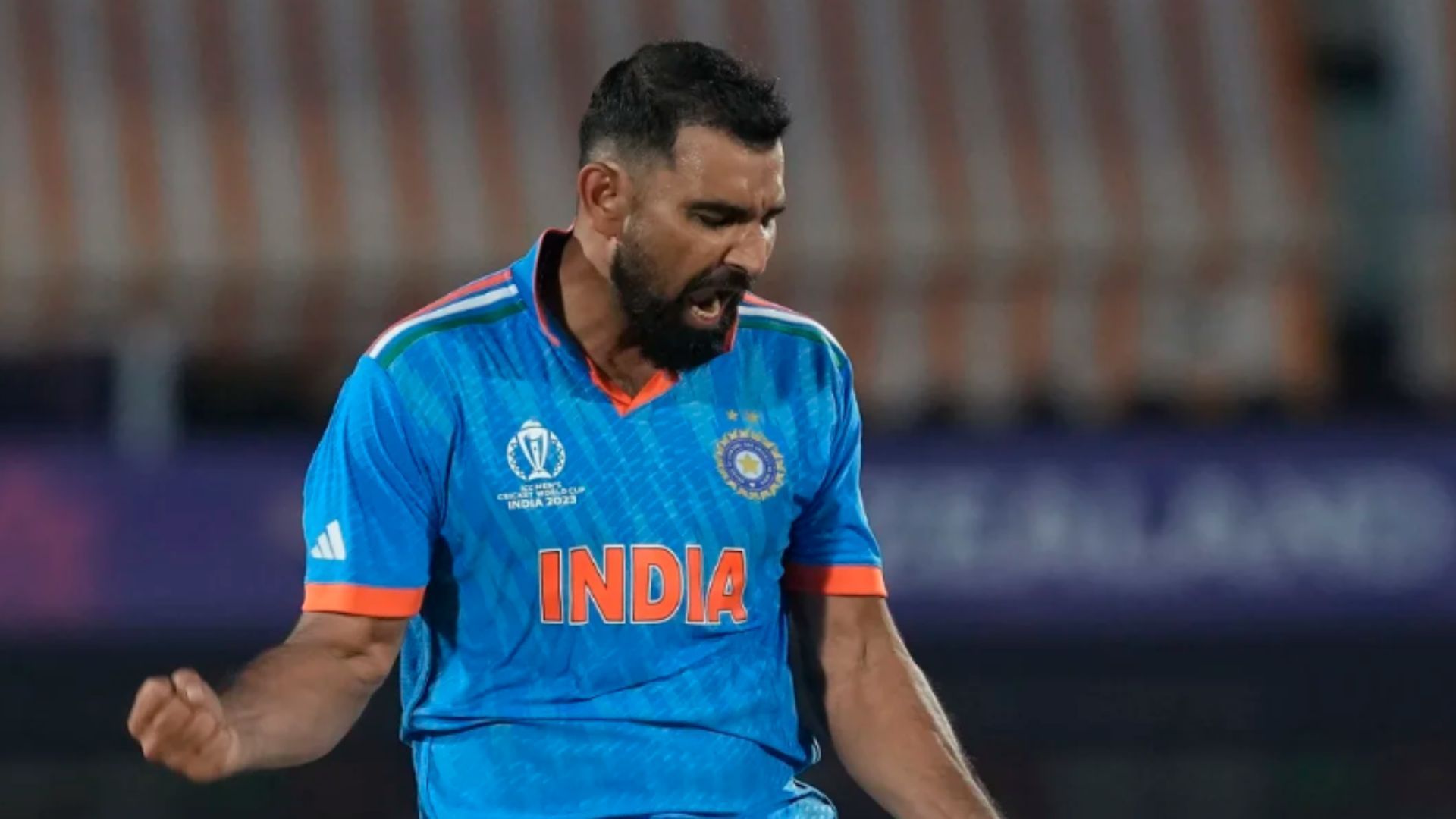 Mohammed Shami looks pumped up after taking the wicket of Mitchell Santner during the match against New Zealand (Pic: AP) 