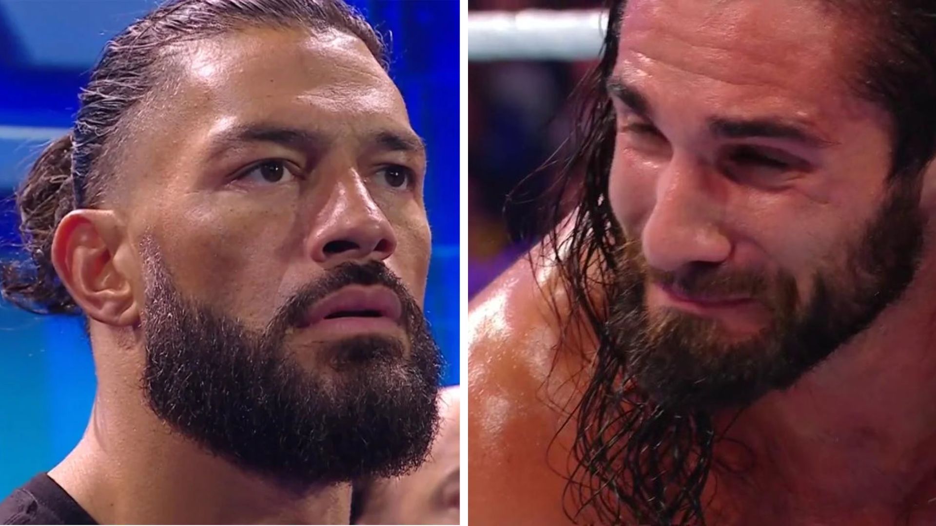 Roman Reigns on the left, Seth Rollins on the right