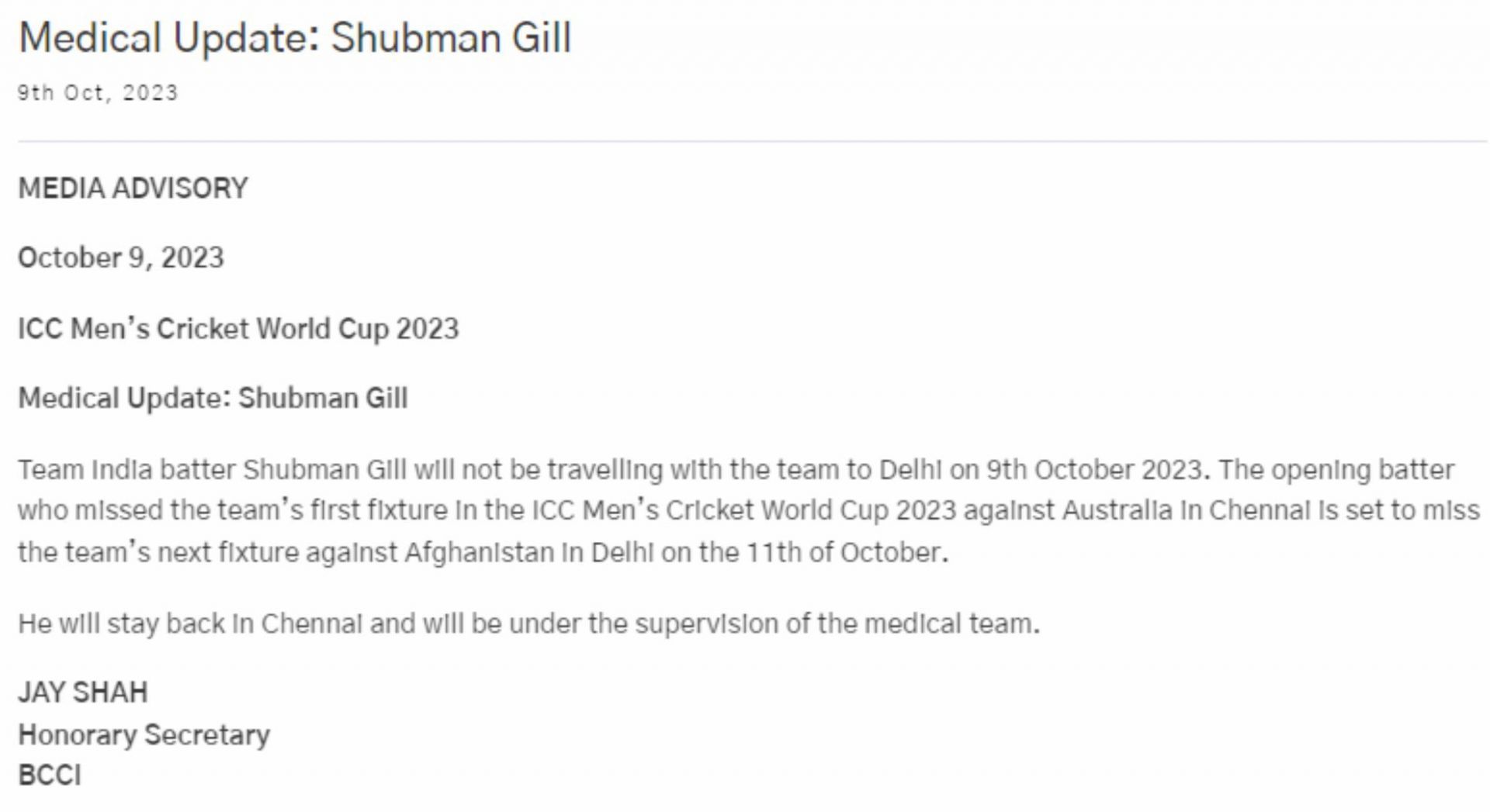 BCCI&#039;s medical update on Shubman Gill.