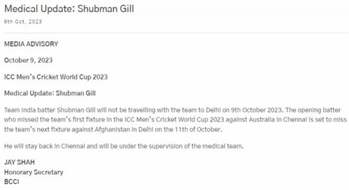 BCCI's medical update on Shubman Gill.