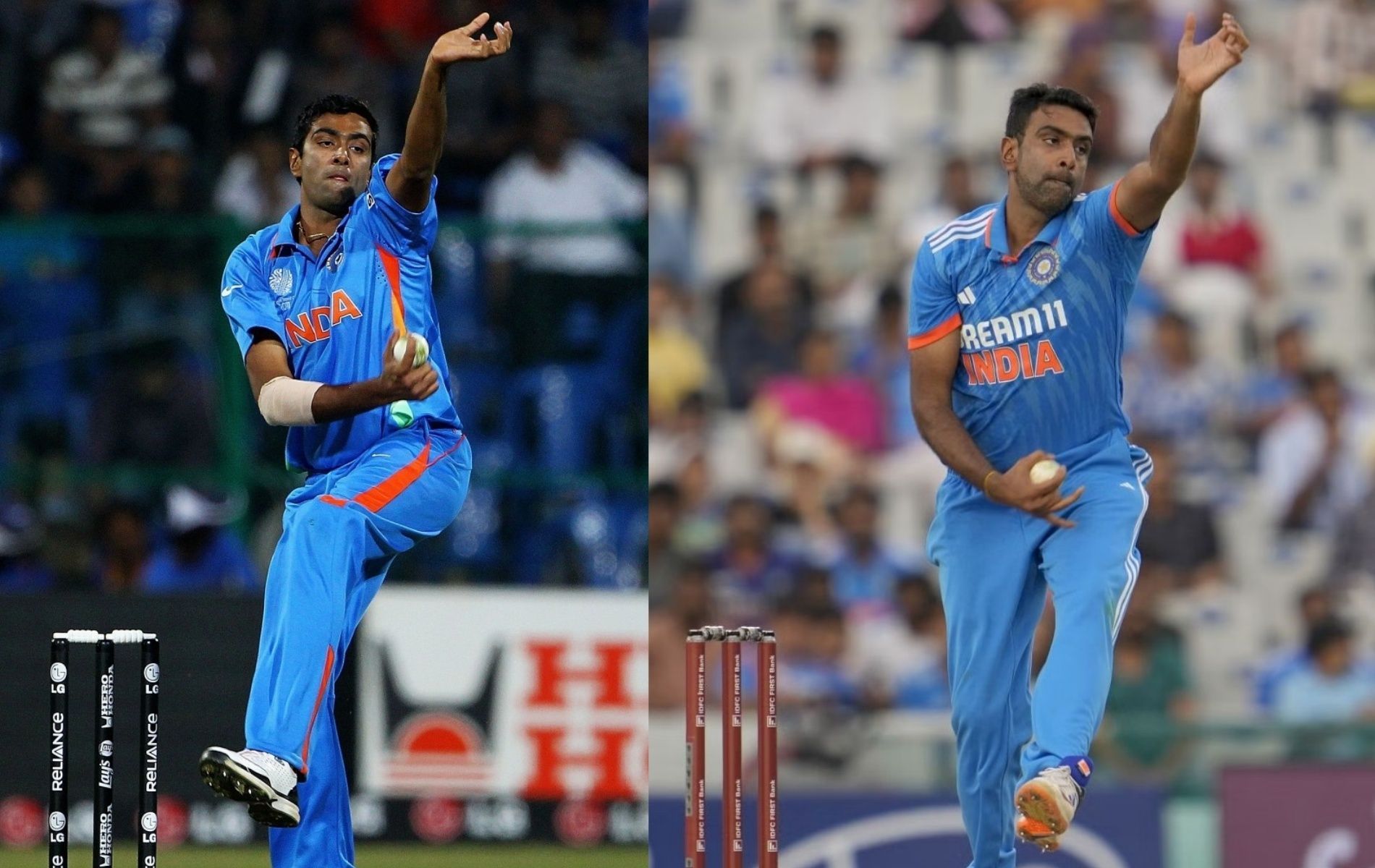 (Left) Ravichandran Ashwin during the 2011 World Cup and (right) during the 2023 ODI series against Australia. (Pic: Getty Images &amp; AP)