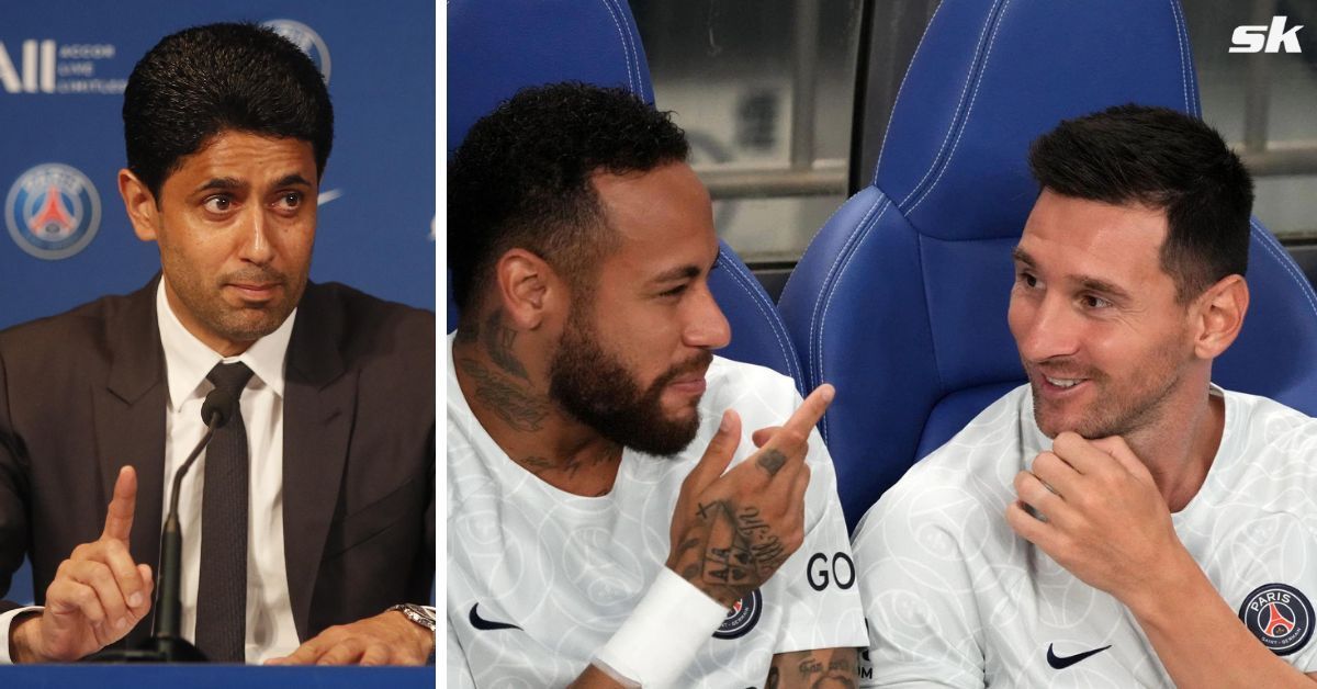 PSG president Nasser Al-Khelaifi (left); Neymar and Messi (on the right)