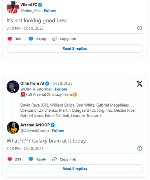 Fans react to starting lineup (@vilen_AFC, @ArsenalAnoop, @Olly_A_Informer)