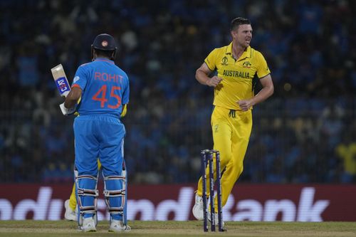 Josh Hazlewood celebrates Rohit Sharma's wicket. (Image Credits: Getty)