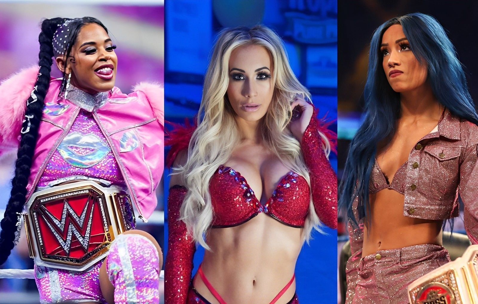 Bianca Belair(left), Carmella(middle) and Sasha Banks(right)