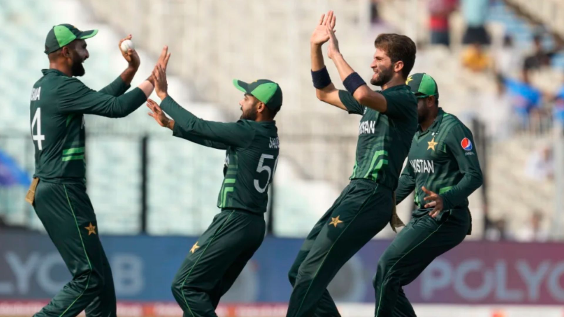 EShaheen Afridi celebrates with teammates after bagging his second wicket against Bangladesh. (Pic: AP)