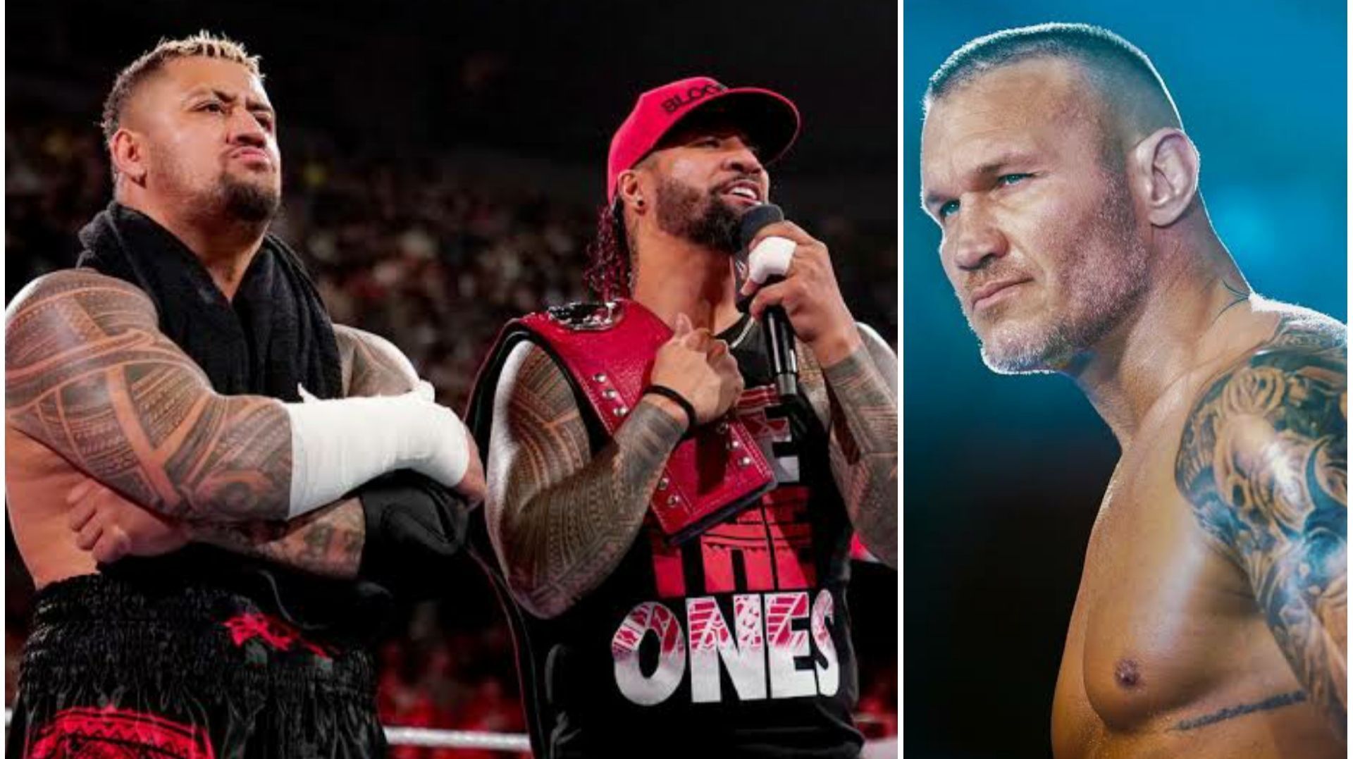 Solo Sikoa and Jimmy Uso (left); Randy Orton (right)