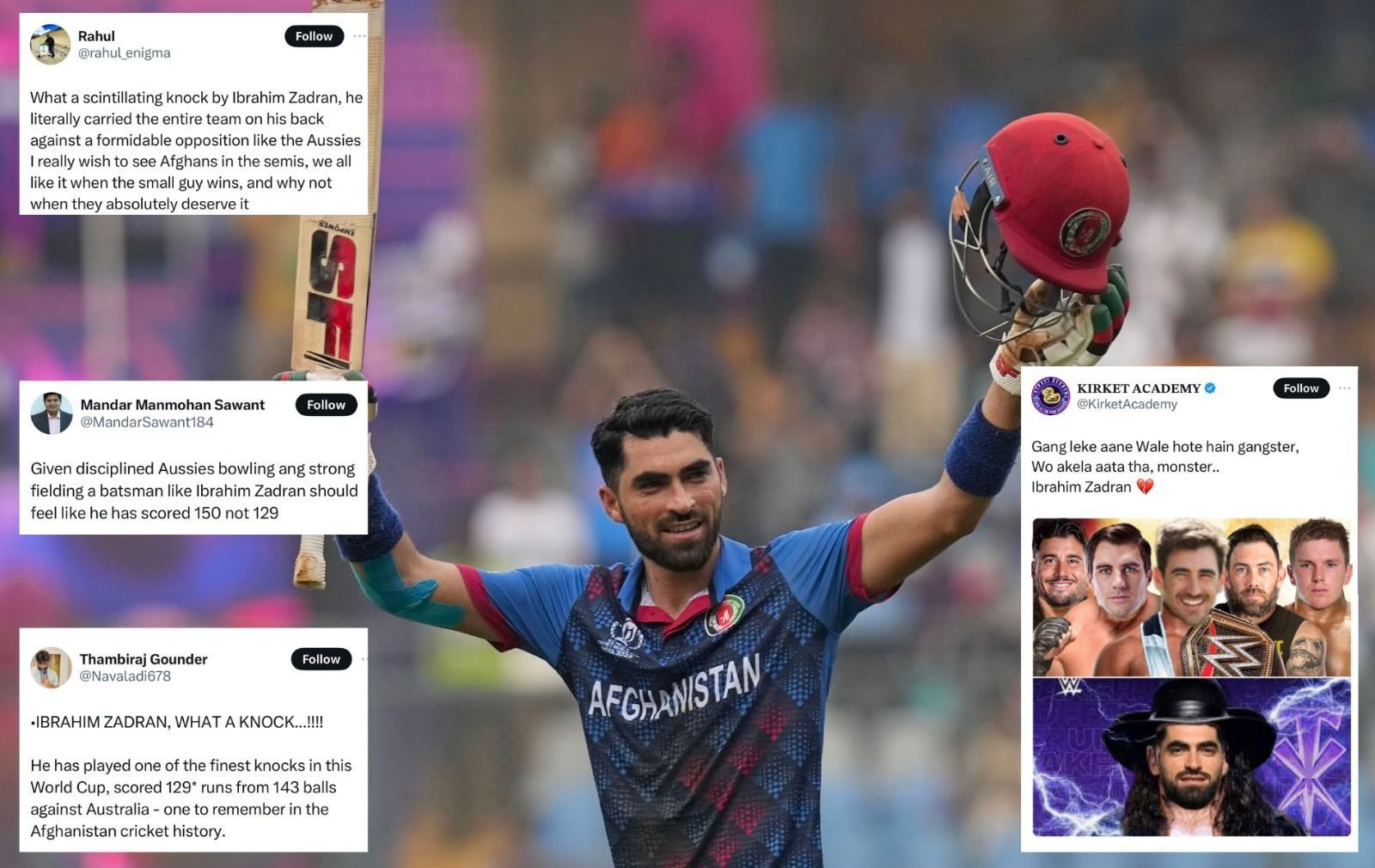 Ibhrahim Zadran is the leading run-scorer for Afghanistan in 2023 World Cup. (Pics: AP/X)