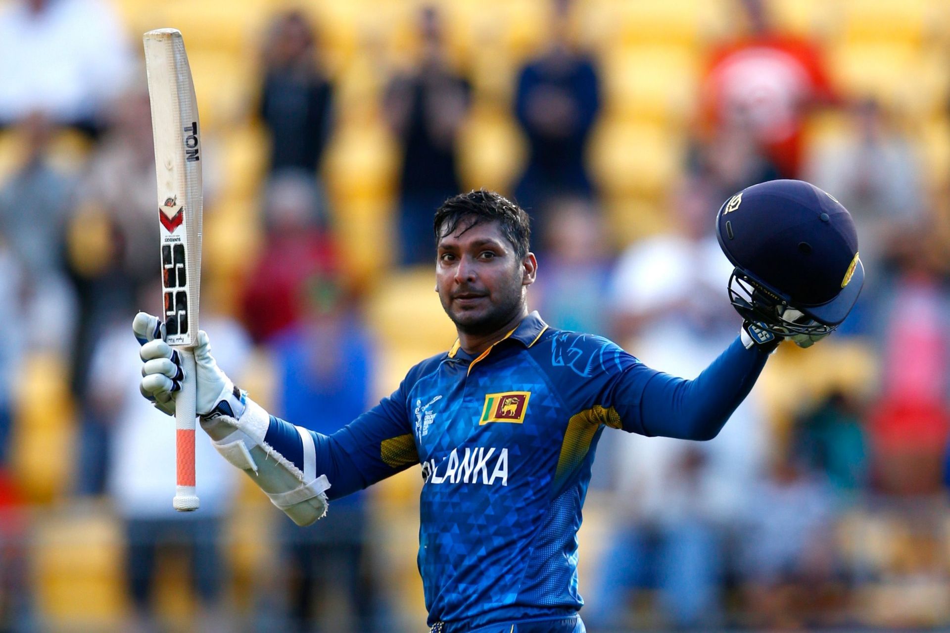 Kumar Sangakkara acknowledging his century at the 2015 ODI World Cup [Getty Images]