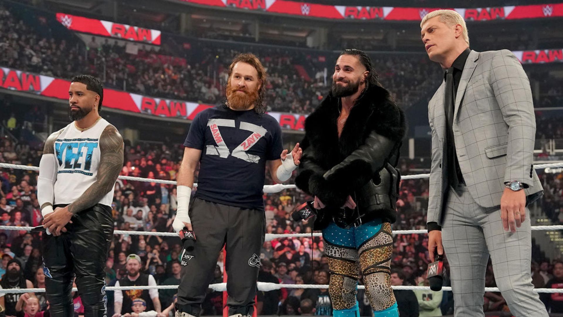 Cody Rhodes, Seth Rollins, Sami Zayn, and Jey Uso on RAW!