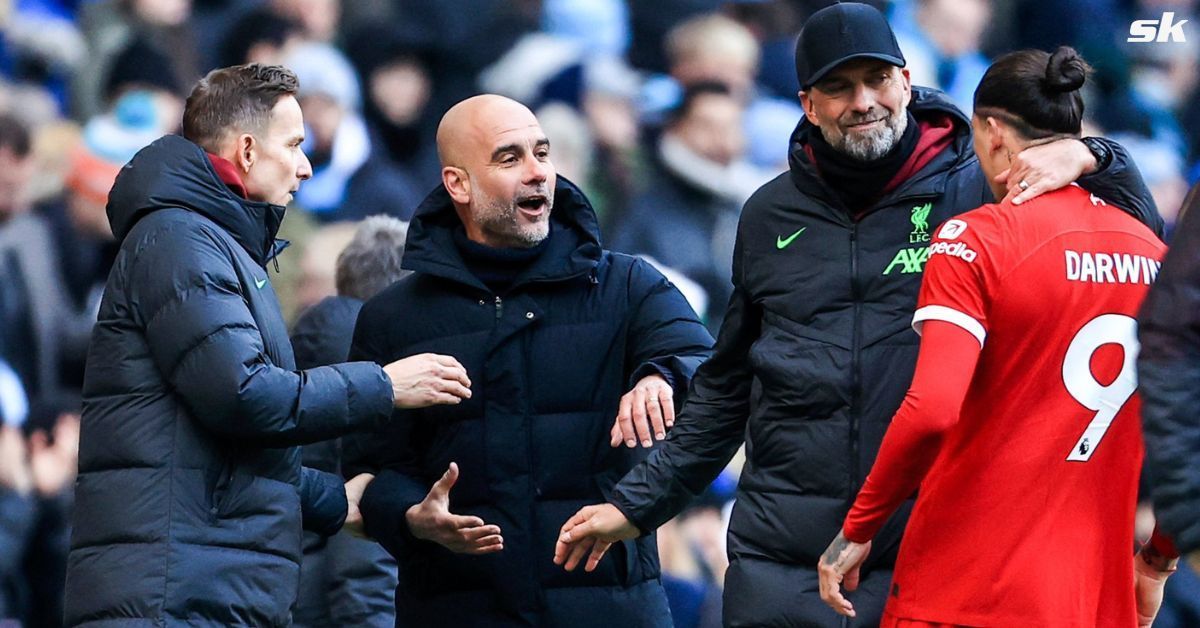 Darwin Nunez and Pep Guardiola after the 1-1 draw between Manchester City and Liverpool.