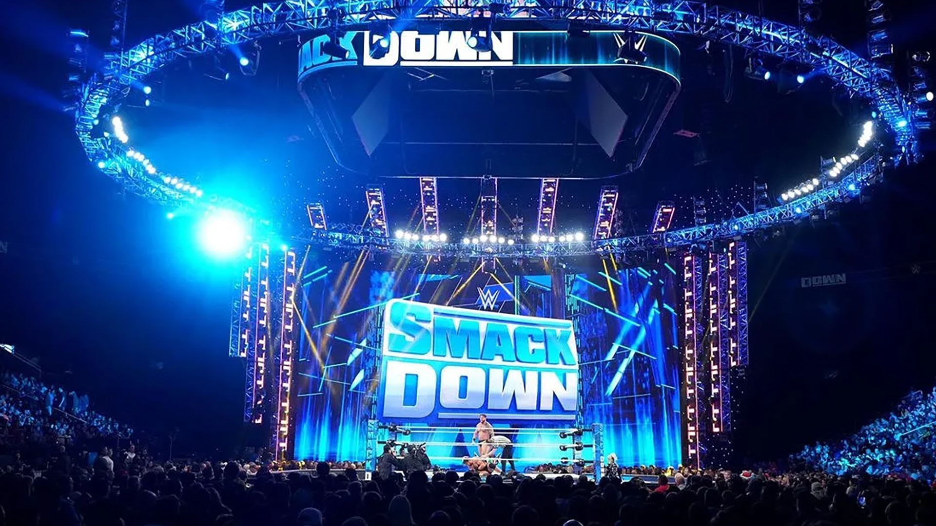 A match in progress with the WWE SmackDown set and ring