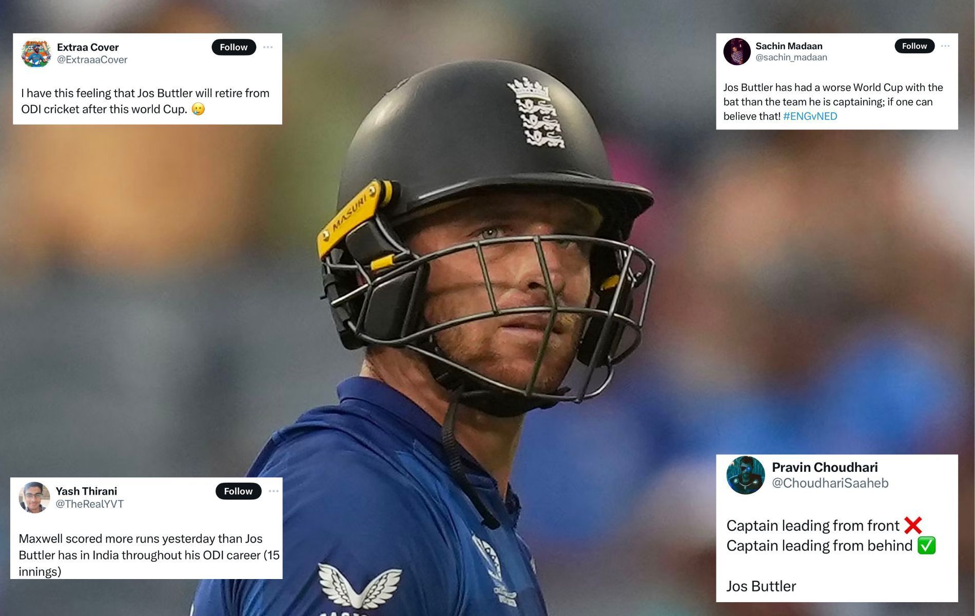 Jos Buttler is averaging 13.97 in 2023 World Cup. (Pics: AP/X)