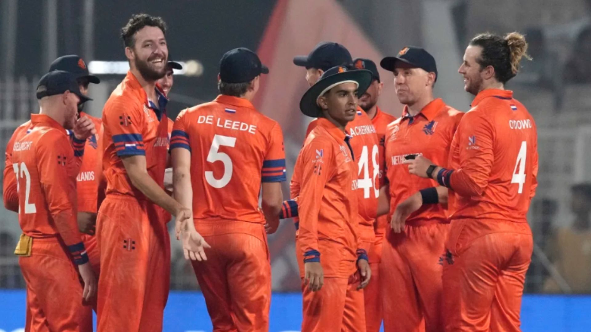 EPaul van Meekeren celebrates with teammates after bagging a wicket. (Pic: AP)