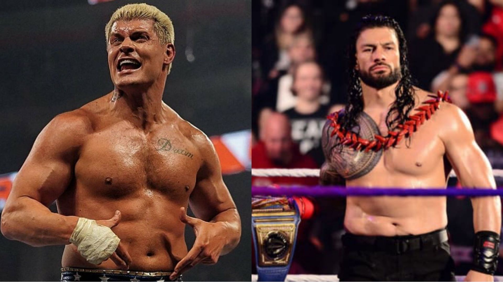 Cody Rhodes (left); Roman Reigns (right)